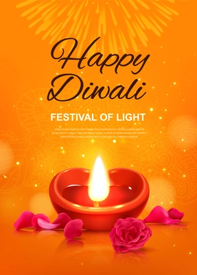 Realistic Diwali poster with traditional lamp and flowers vector illustration