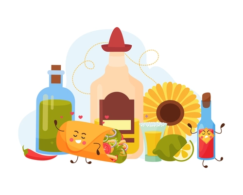 Mexico food cartoon composition with funny taco character and bottles with sauce and oil flat vector illustration