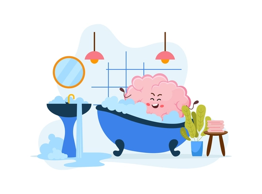 Mental health positive design concept with happy cartoon brain character bathing in bathroom flat vector illustration