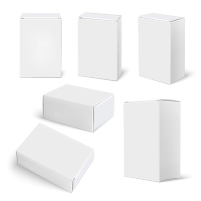 Realistic white box mockup set with isolated images of similar blank packaging boxes on blank background vector illustration