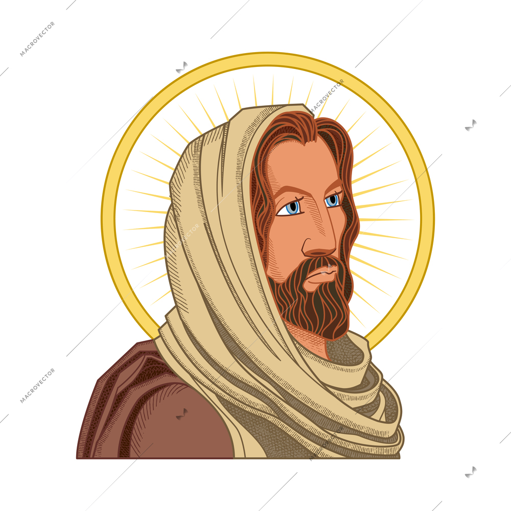 Jesus portrait composition with side view of mature jesus christ character with head cloth and halo vector illustration