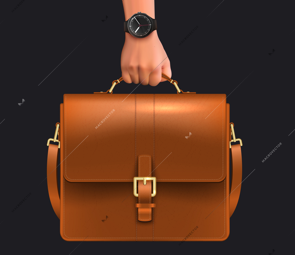 Realistic business bag man hand composition with image of male hand with wristwatch and leather briefcase vector illustration