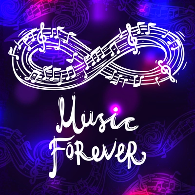 Abstract sketch musical poster with music forever text on dark background vector illustration