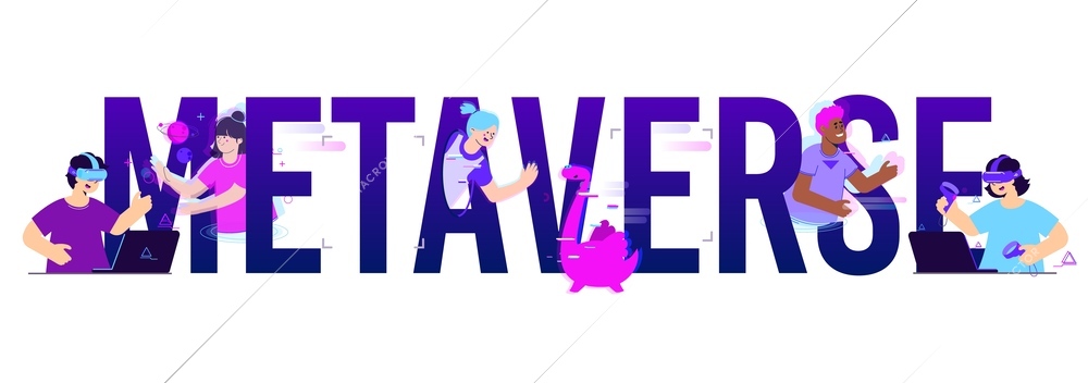 Metaverse flat text composition with neon gradient text and doodle characters of geeks in virtual reality vector illustration