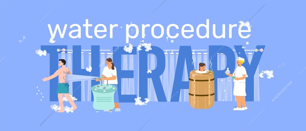 Water procedures therapy flat text composition with editable text surrounded by characters of physicians and patients vector illustration