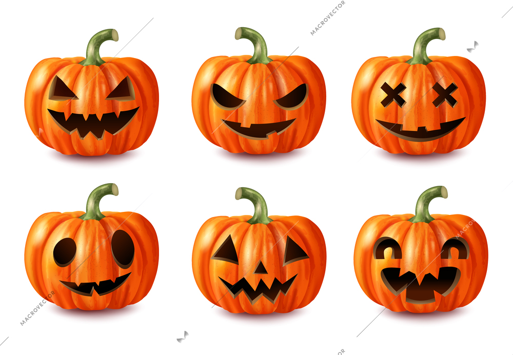 Realistic carved spooky Halloween pumpkin icons set isolated vector illustration