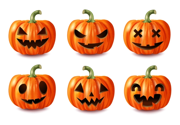 Realistic carved spooky Halloween pumpkin icons set isolated vector illustration