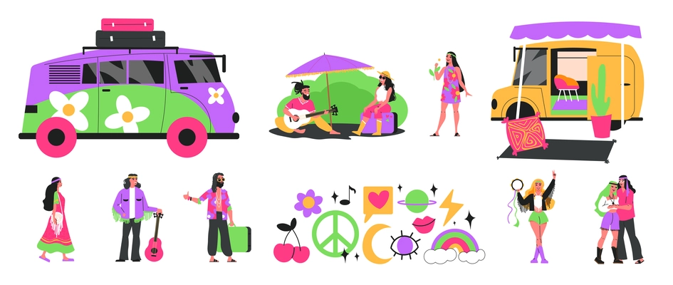 Hippie flat icons set with people in boho clothes and peace fantasy symbols isolated vector illustration