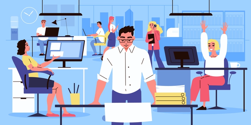 Office team concept with male and female workers on workplace vector illustration