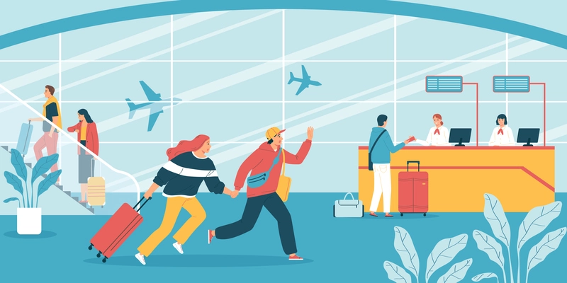 People in panic running along airport with luggage being late for their flight flat vector illustration