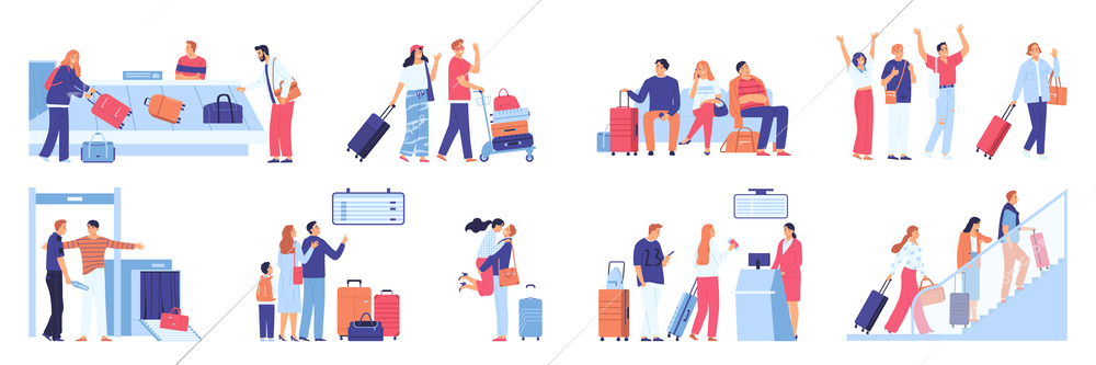 People in airport flat set with human characters departing meeting family waiting going through security isolated vector illustration