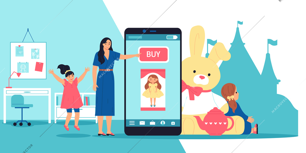 Mum ordering gift for happy girl at online toy shop on smartphone flat vector illustration