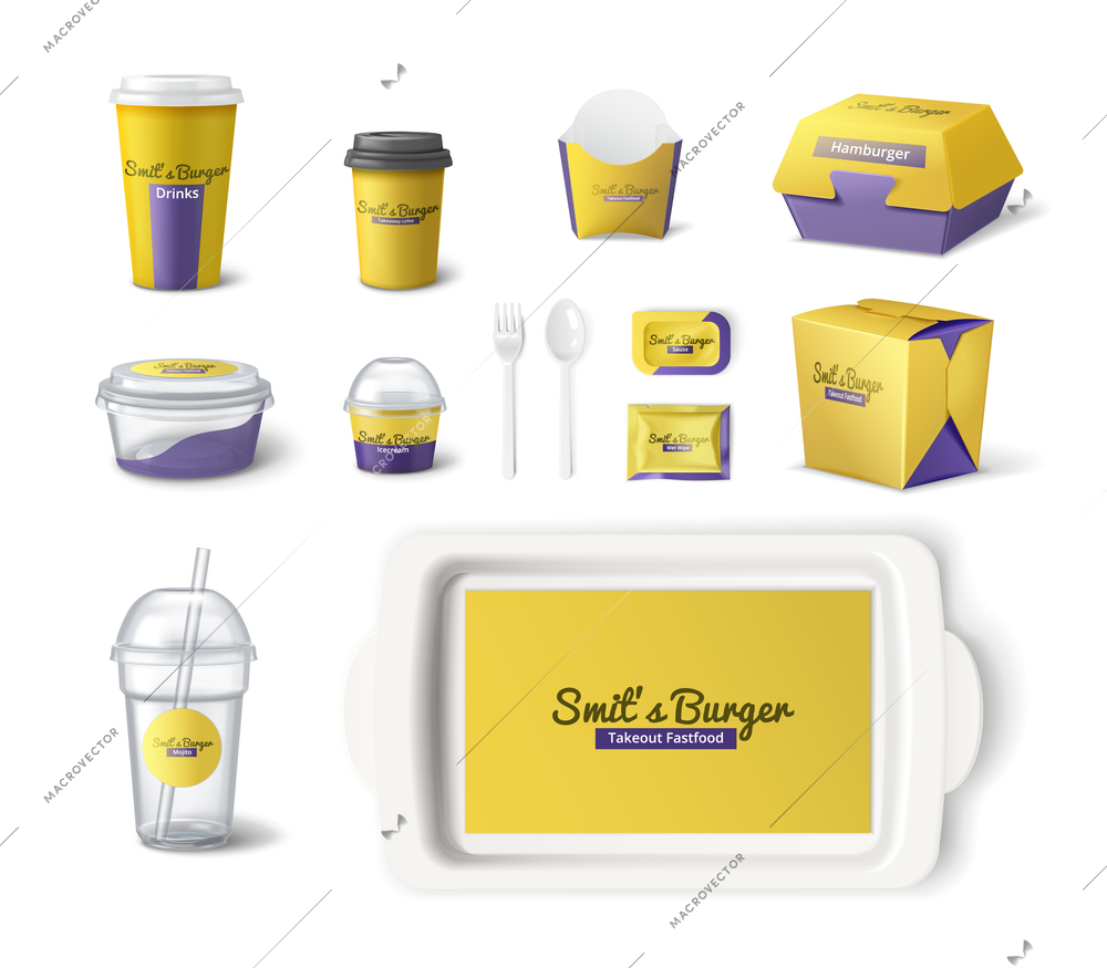 Takeout fastfood package realistic set with isolated images of paper cups boxes tray and disposable cutlery vector illustration