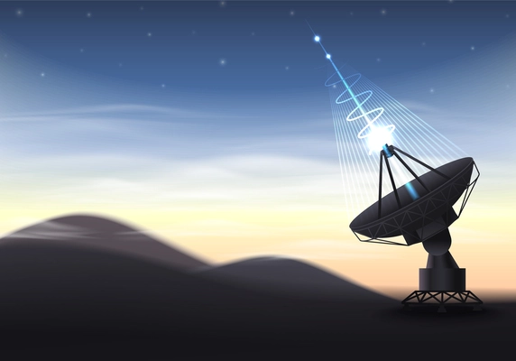 Rocket spacecraft realistic composition with sundown landscape and futuristic antenna sending laser signal to outer space vector illustration