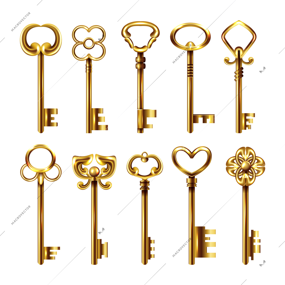 Set with isolated realistic vintage retro golden keys icons with ornate keys images on blank background vector illustration