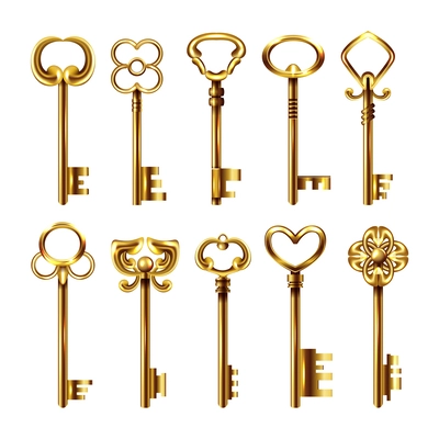 Set with isolated realistic vintage retro golden keys icons with ornate keys images on blank background vector illustration