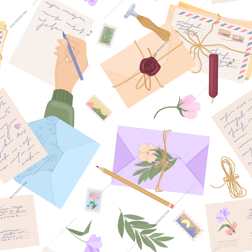 Romantic letters post flat pattern womans hand writes a love letter envelopes flowers and attributes beside vector illustration