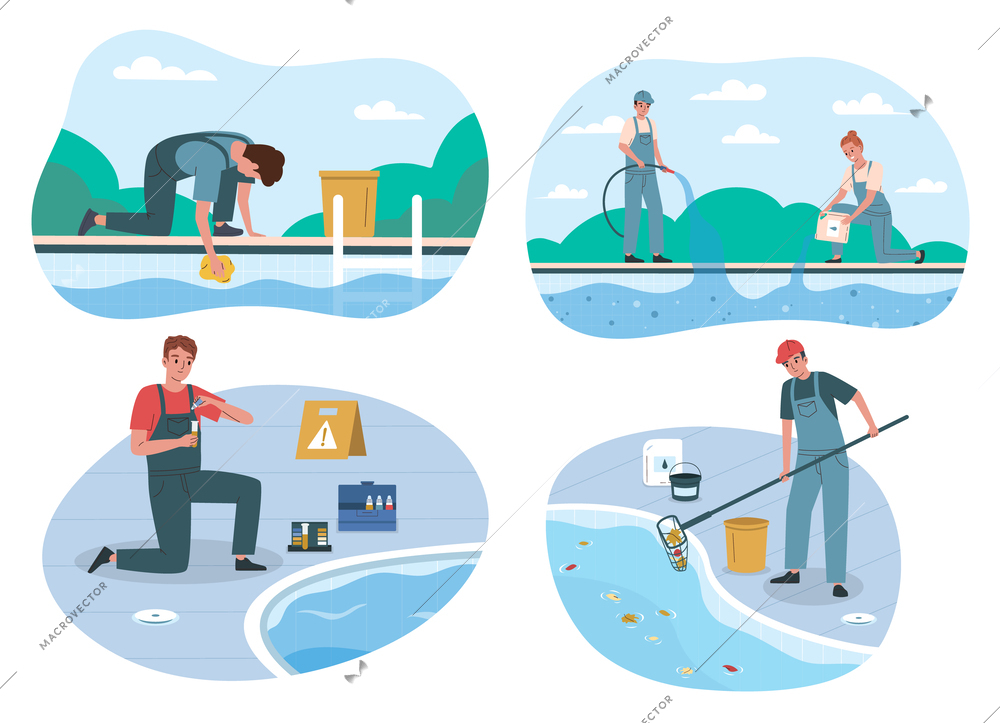 Swimming pool maintenance service 2x2 set with workers in uniform removing leaves cleaning doing water analysis isolated flat vector illustration