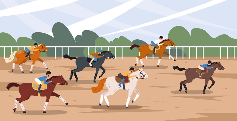 Horse sport competition scene flat composition with six jockeys vector illustration