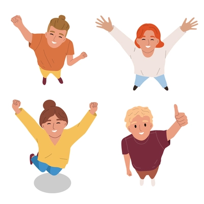 Happy people looking up jumping with joy top view flat isolated vector illustration