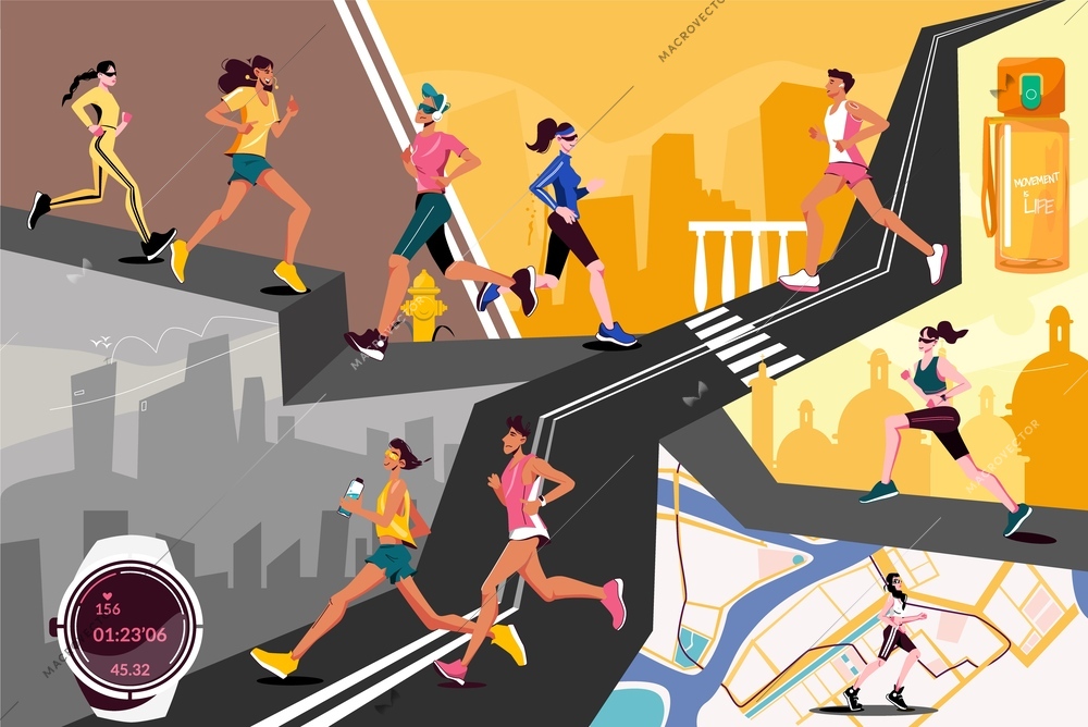 City running flat collage composition abstract image of people doing athletics and running  vector illustration