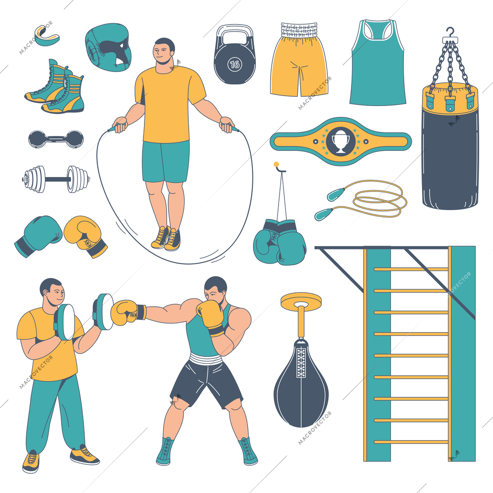 Set with isolated boxing training cartoon images with human characters of athletes and sport equipment icons vector illustration