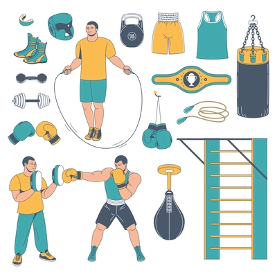 Set with isolated boxing training cartoon images with human characters of athletes and sport equipment icons vector illustration