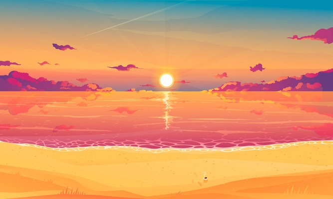 Sunset sky background with sea nature symbols flat vector illustration