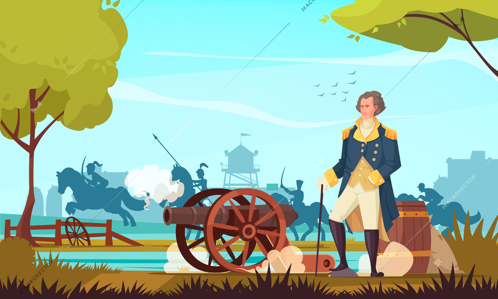 Historical people cartoon composition with USA civil war warlord and firing cannon vector illustration