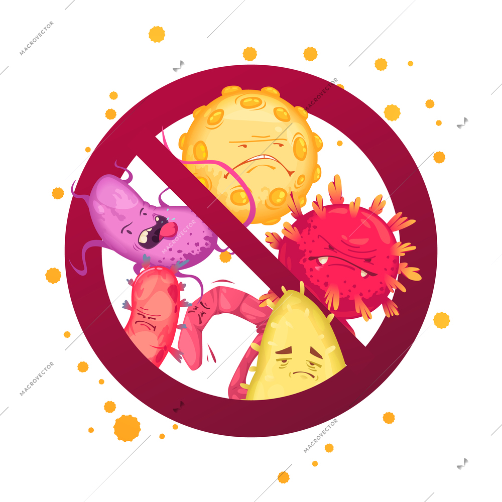 Microbes cartoon poster with cute microorganisms and stop sign vector illustration