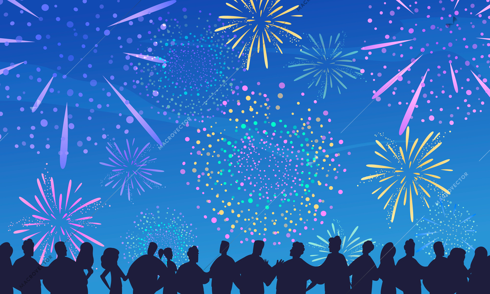 Fireworks cartoon composition with silhouettes of people watching colorful salute explosions vector illustration