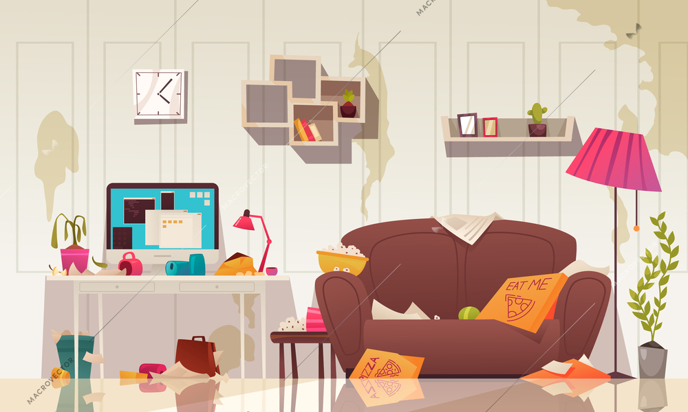 Dirty room cartoon composition with messy furniture and potted wallpaper vector illustration