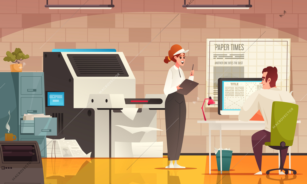 Newspaper cartoon composition with journalists and printing machine vector illustration