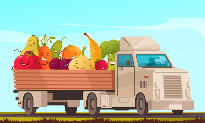 Funny happy fruits and vegetables in delivery truck cartoon vector illustration