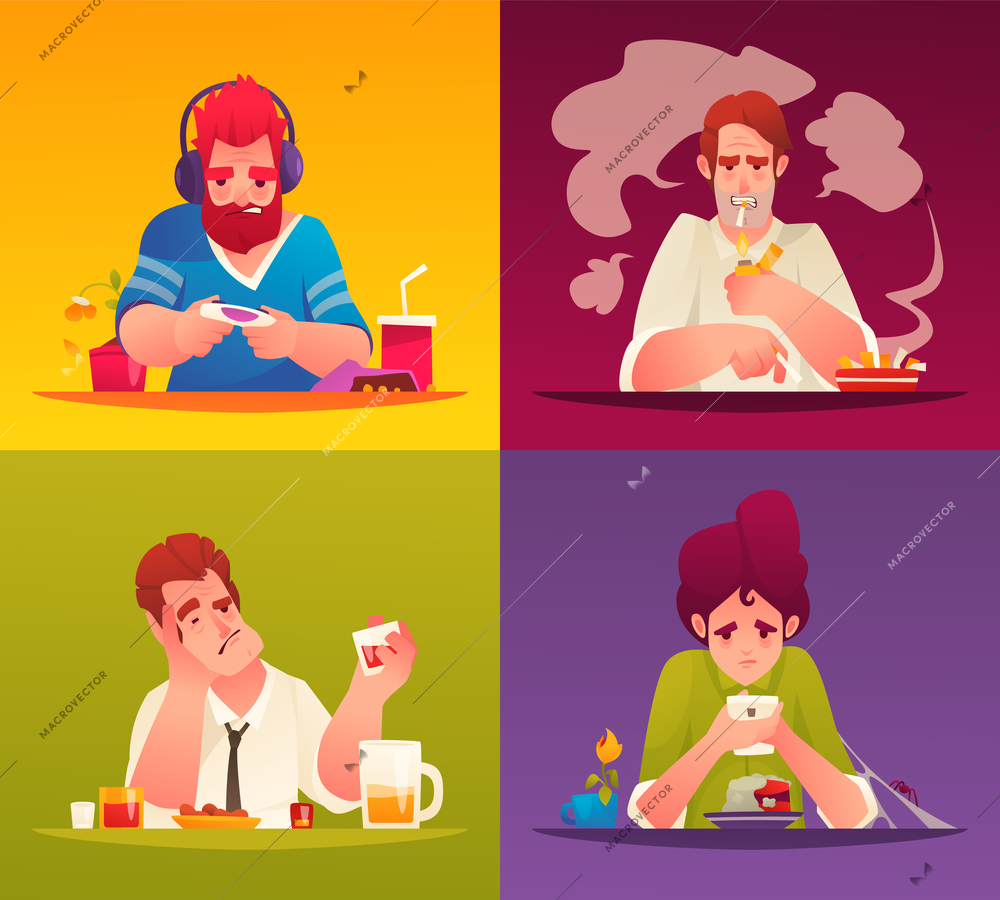 Addicted people cartoon set with men smoking gaming and drinking alcohol isolated scenes vector illustration