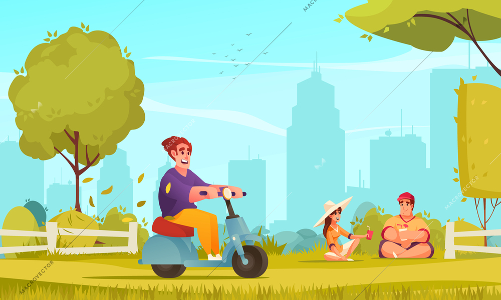 Eco transport cartoon poster with man on electric scooter in public park vector illustration