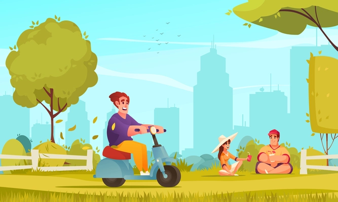 Eco transport cartoon poster with man on electric scooter in public park vector illustration