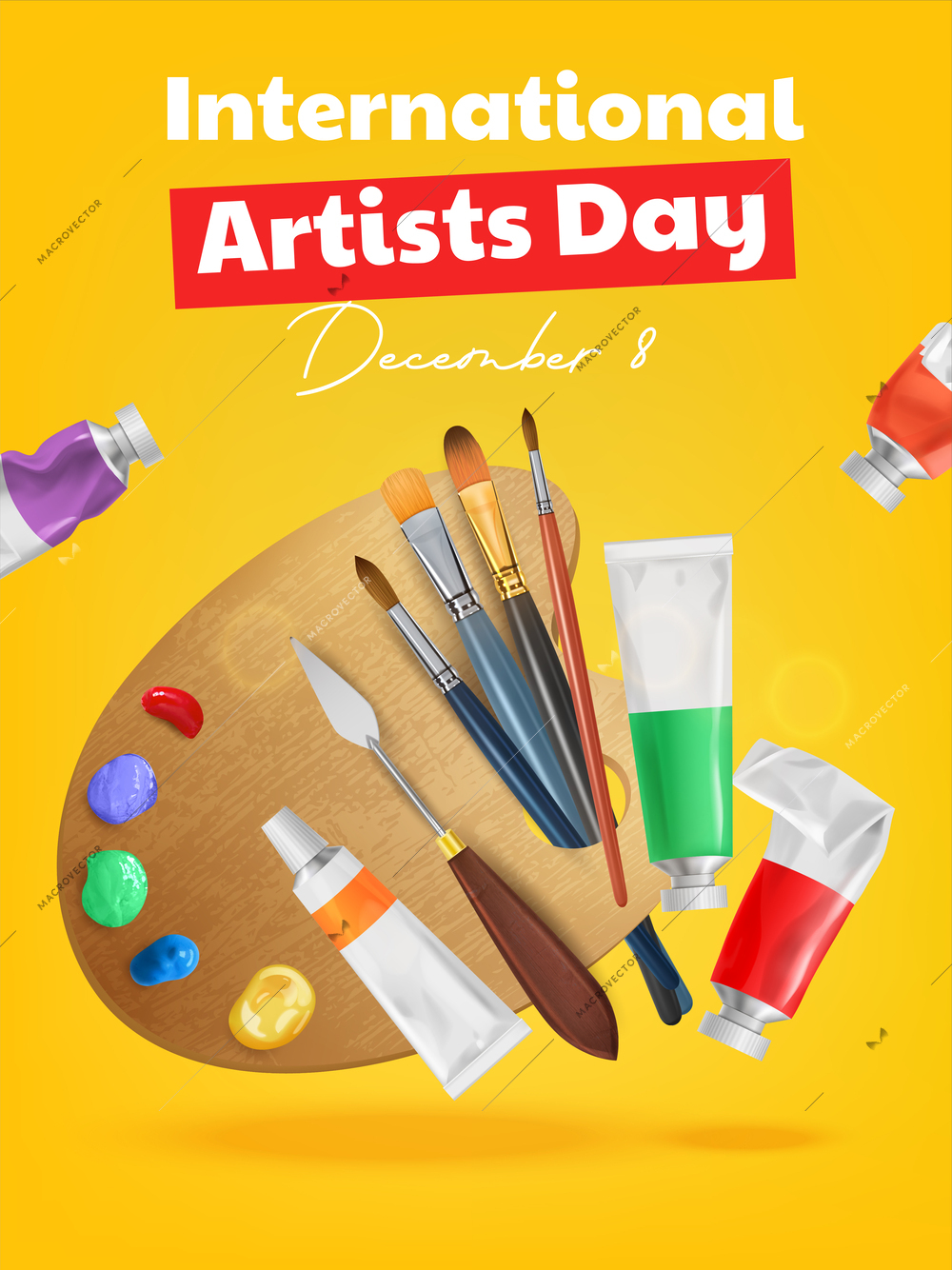 International artist day poster with color palette brushes and paint tubes realistic vector illustration