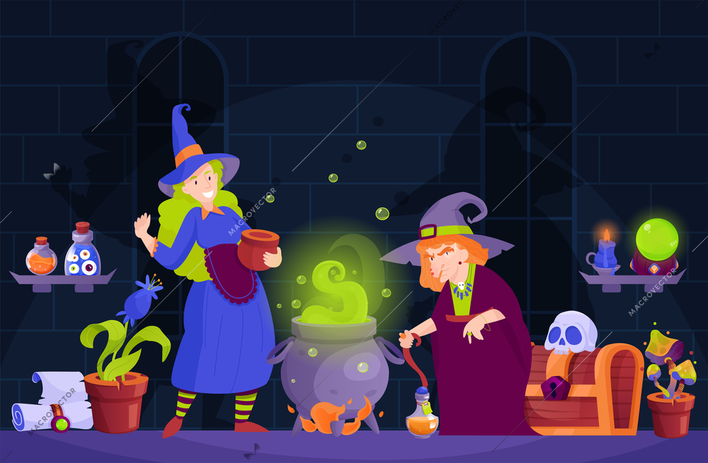 Magic poster with two witches making magician potion vector illustration