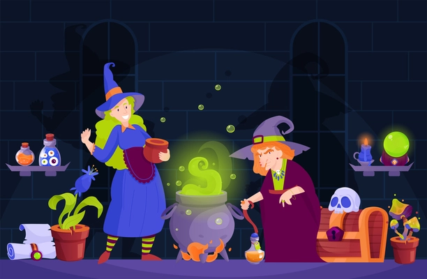 Magic poster with two witches making magician potion vector illustration
