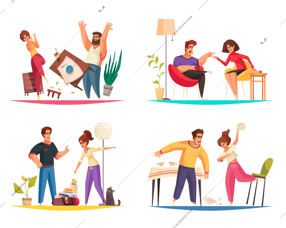 Conflicting people design concept with four isolated compositions of family couples trapped into quarrel with furniture vector illustration