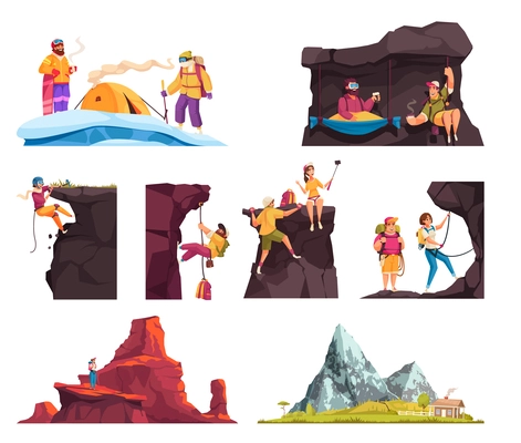 Climber flat compositions set of brave people conquering the peaks of mountains using equipment for mountaineering isolated vector illustration