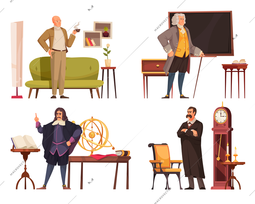 Philosopher 2x2 design concept with michel foucault jean jacques rousseau friedrich nietzsche rene descartes characters flat vector illustration