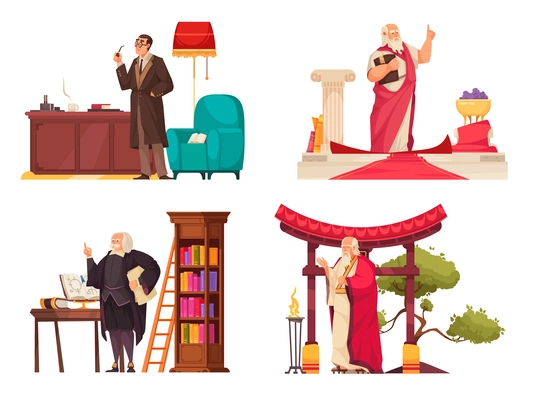 Philosopher 2x2 design concept set of jean paul sartre plato laozi tomas hobbes flat compositions vector illustration