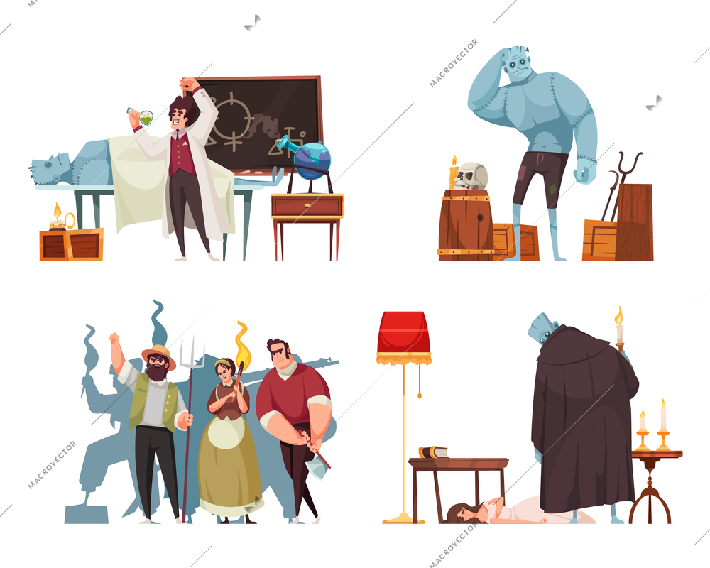 Cartoon set of compositions with frankenstein in lab his monster angry villagers and dead bride isolated vector illustration