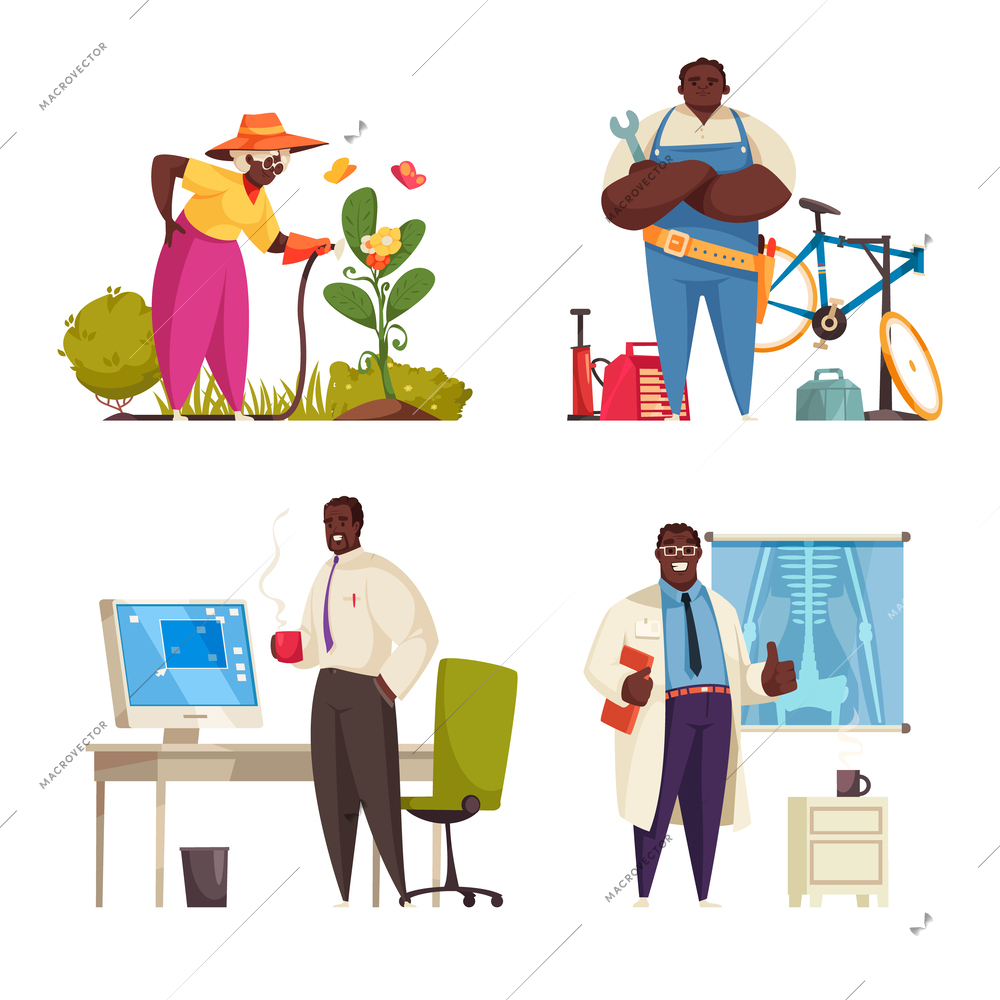Cartoon black people compositions set with female senior gardener male mechanic officer worker and doctor isolated vector illustration