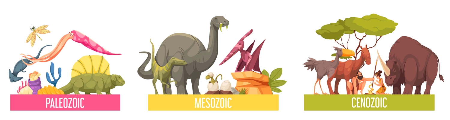 Geochronological scale set with paleozoic mesozoic and cenozoic eras isolated cartoon vector illustration