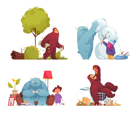 Cartoon bigfoot compositions set with yeti eating leftovers walking with newspaper playing video game and making snowman with kid isolated vector illustration