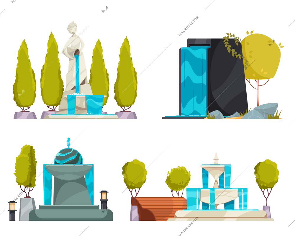 City park summer compositions set with fountains and topiary cartoon isolated vector illustration