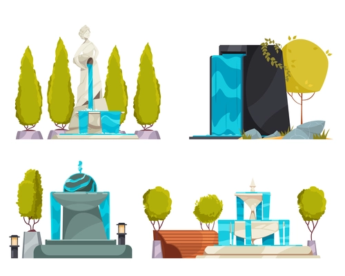 City park summer compositions set with fountains and topiary cartoon isolated vector illustration